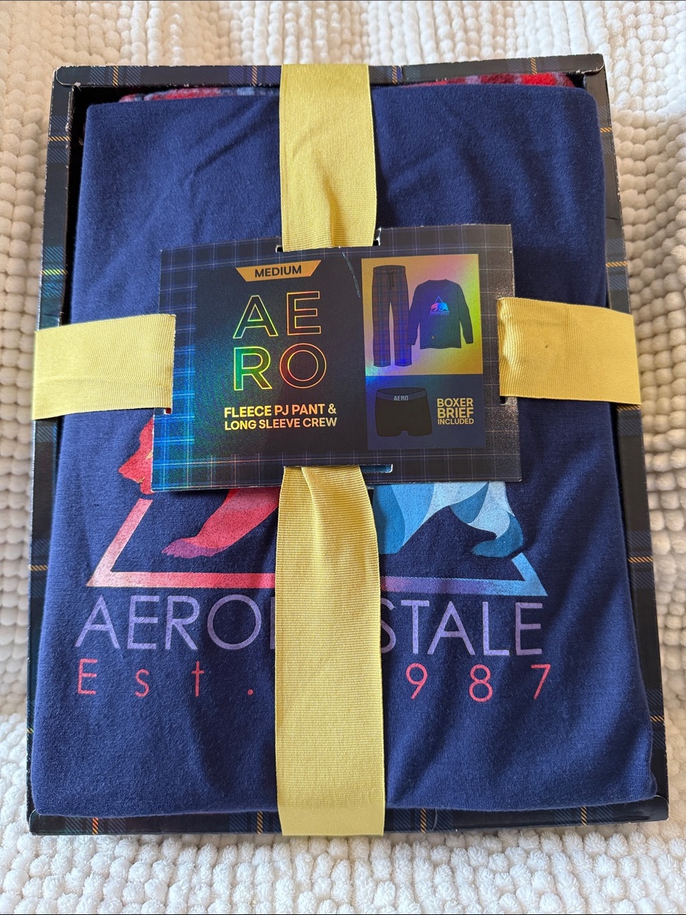 Men's Navy Boxer Brief & Fleece PJ Crew Set with Multicolor Logo